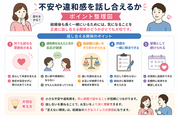 結婚相談所で成婚退会を迷ったときに考えるべき5つの基準について、不安や違和感を話し合えるかのポイントを整理した図解