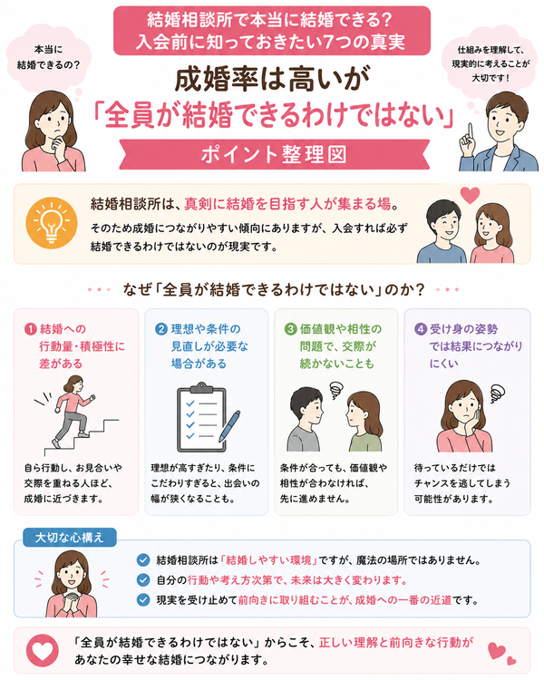 結婚相談所で本当に結婚できる?入会前に知っておきたい7つの真実について、成婚率は高いが「全員が結婚できるわけではない」のポイントを整理した図解