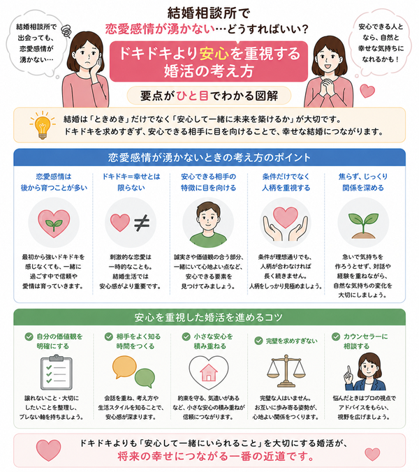 結婚相談所で恋愛感情が湧かない…どうすればいい？ドキドキより安心を重視する婚活の考え方の要点をまとめた図解