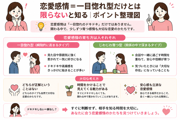 結婚相談所で恋愛感情が湧かない…どうすればいい？ドキドキより安心を重視する婚活の考え方について、恋愛感情＝一目惚れ型だけとは限らないと知るのポイントを整理した図解
