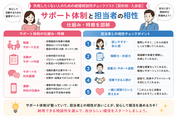 失敗したくない人のための結婚相談所チェックリスト【契約前・入会前】について、サポート体制と担当者の相性の仕組みと特徴をまとめた図解