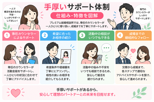 高額でも価値あり？プレミアム結婚相談所を徹底検証について、手厚いサポート体制の仕組みと特徴をまとめた図解