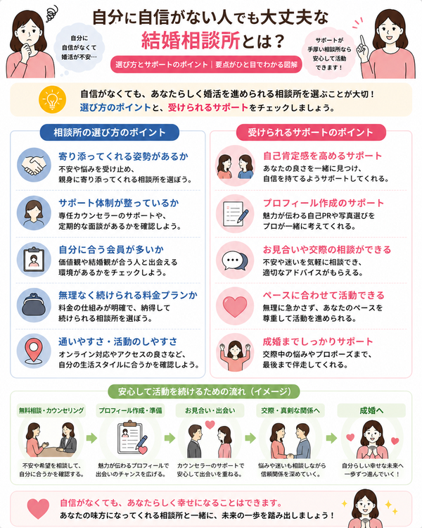 自分に自信がない人でも大丈夫な結婚相談所とは？選び方とサポートのポイントの要点をまとめた図解