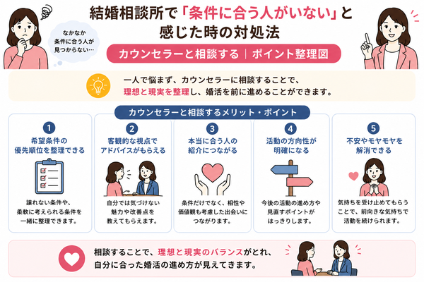 結婚相談所で「条件に合う人がいない」と感じた時の対処法について、カウンセラーと相談するのポイントを整理した図解