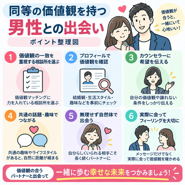 結婚相談所で価値観の合う男性と出会うポイント|ポイント整理図