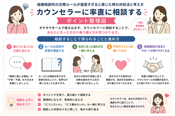 結婚相談所の交際ルールが窮屈すぎると感じた時の対処法と考え方について、カウンセラーに率直に相談するのポイントを整理した図解