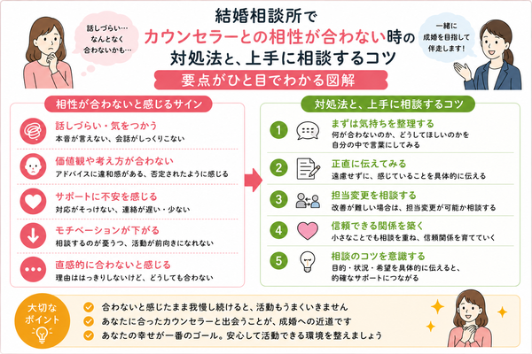 結婚相談所でカウンセラーとの相性が合わない時の対処法と、上手に相談するコツの要点をまとめた図解