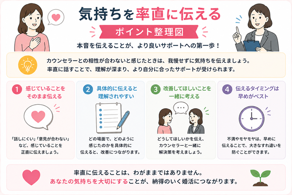 結婚相談所でカウンセラーとの相性が合わない時の対処法と、上手に相談するコツについて、気持ちを率直に伝えるのポイントを整理した図解