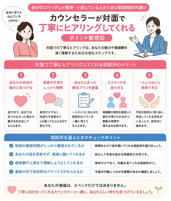 自分のスペックじゃ無理…と感じている人のための結婚相談所選びについて、カウンセラーが対面で丁寧にヒアリングしてくれるのポイントを整理した図解