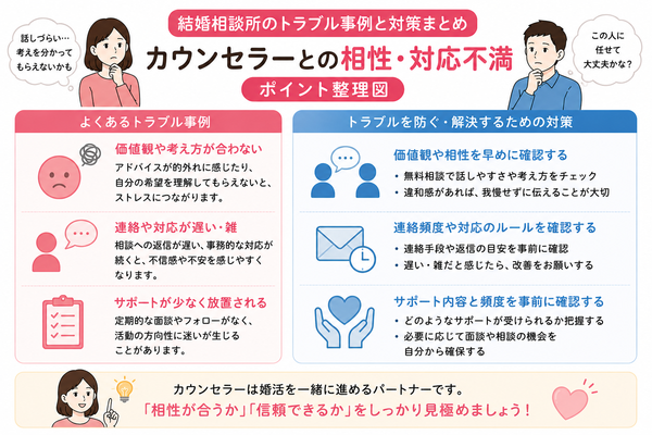 結婚相談所のトラブル事例と対策まとめについて、カウンセラーとの相性・対応不満のポイントを整理した図解