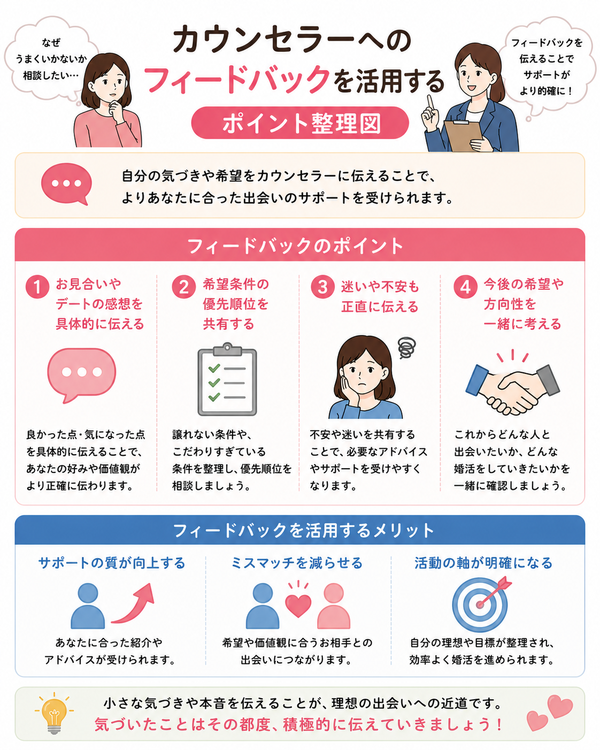 結婚相談所で「いい人に会えない」と悩んでいるあなたへについて、カウンセラーへのフィードバックを活用するのポイントを整理した図解